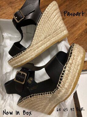 Paseart Espadrille Wedge Sandals Black Leather  Women's Size 6.5 US 37 EUR New